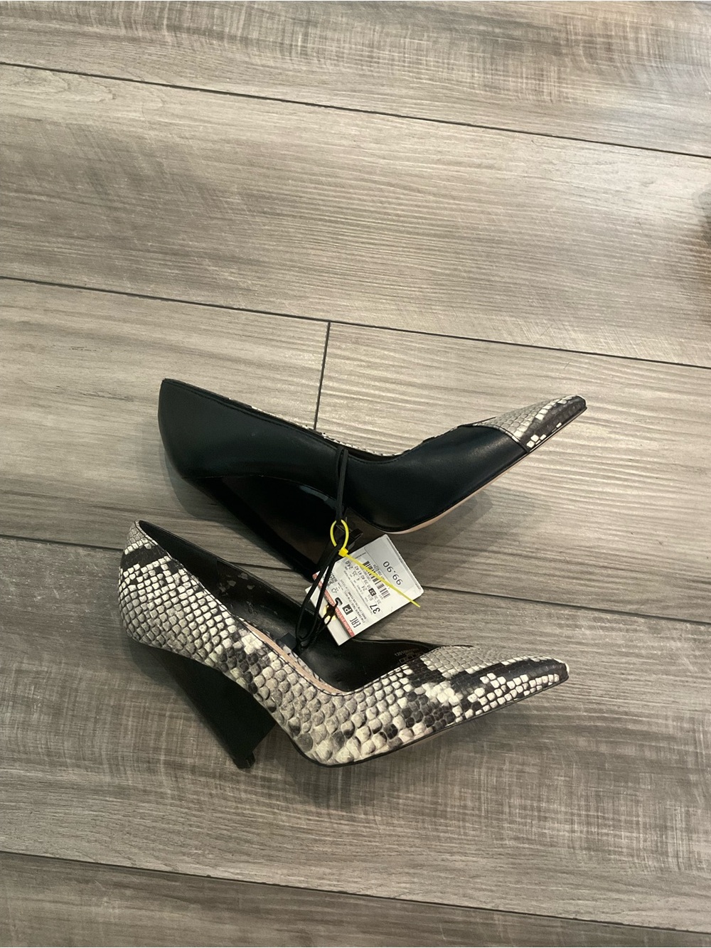 Zara Black and Snake-Print Pointed Mid-Heel Pumps